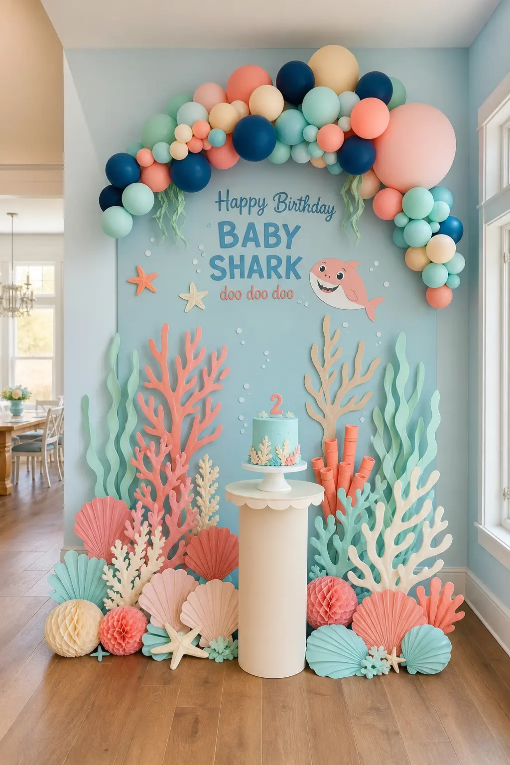 Paper Coral Reef Cake Backdrop — Instead of a printed shark banner, flank the cake stand with tall paper coral cutouts in coral pink, seafoam mint and cream.