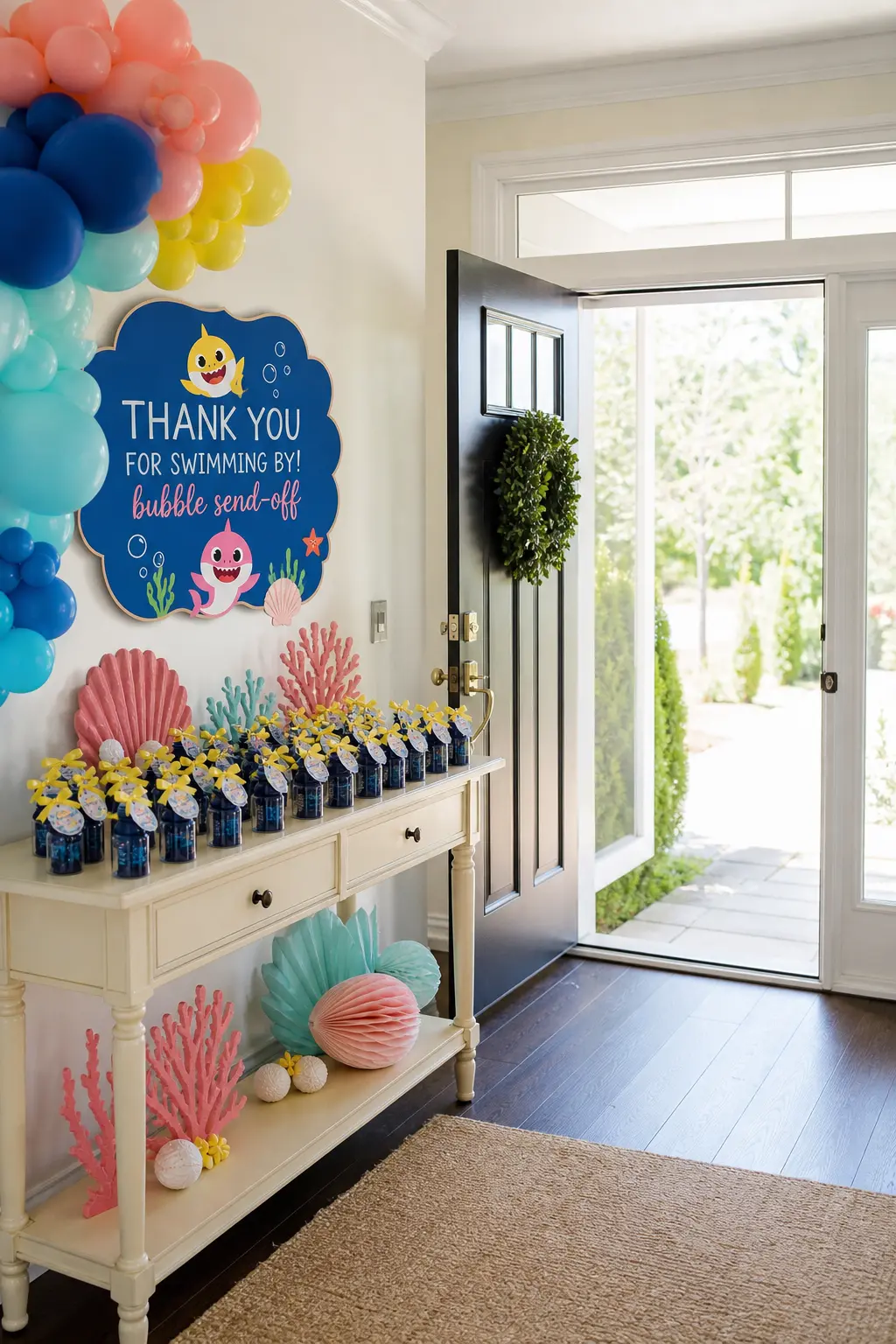 Send-Off Bubble Favor Table — A cream table near the exit holds small navy bubble bottles tied with yellow ribbon, so the last thing every guest picks up on