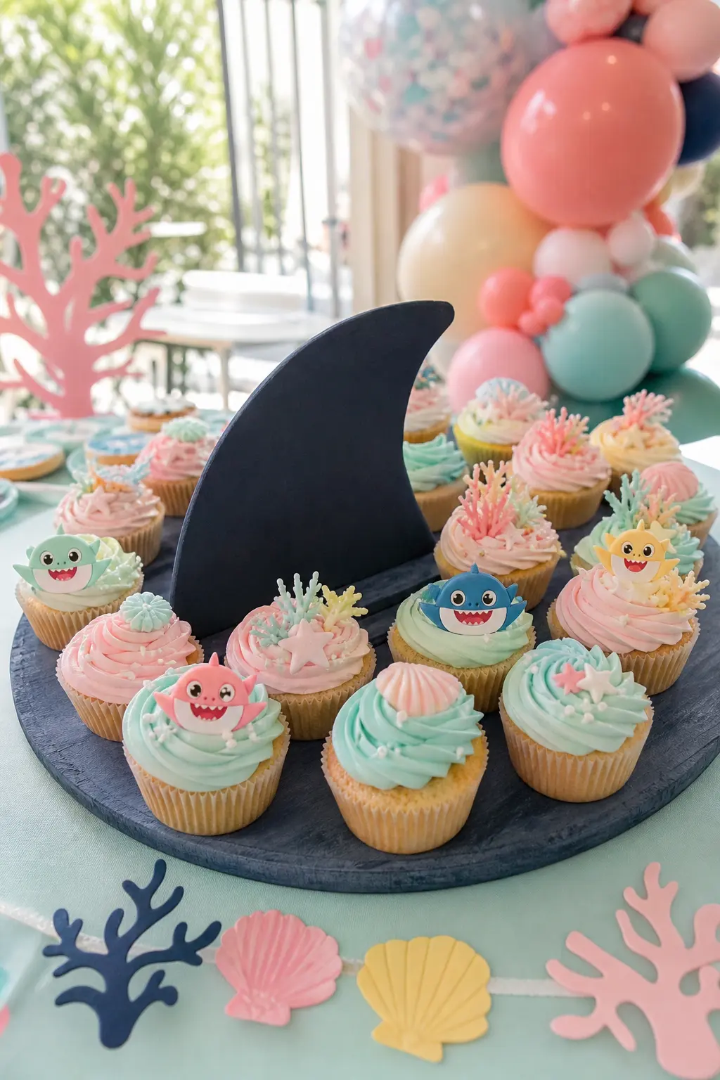 Shark Fin Cupcake Riser Board — A single wooden board with a cut navy fin rising from its center holds a dozen pastel cupcakes fanned around it. Baby shark