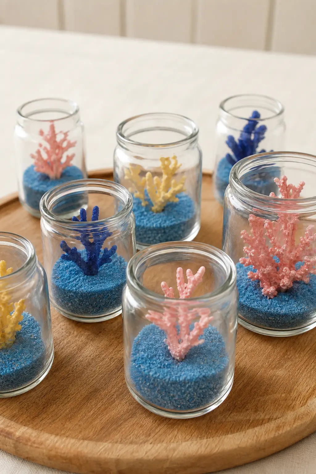 Take-Home Coral Terrariums — Small glass jars layered with blue sand and a single faux coral piece, tied off with a paper tag, give guests something to keep on