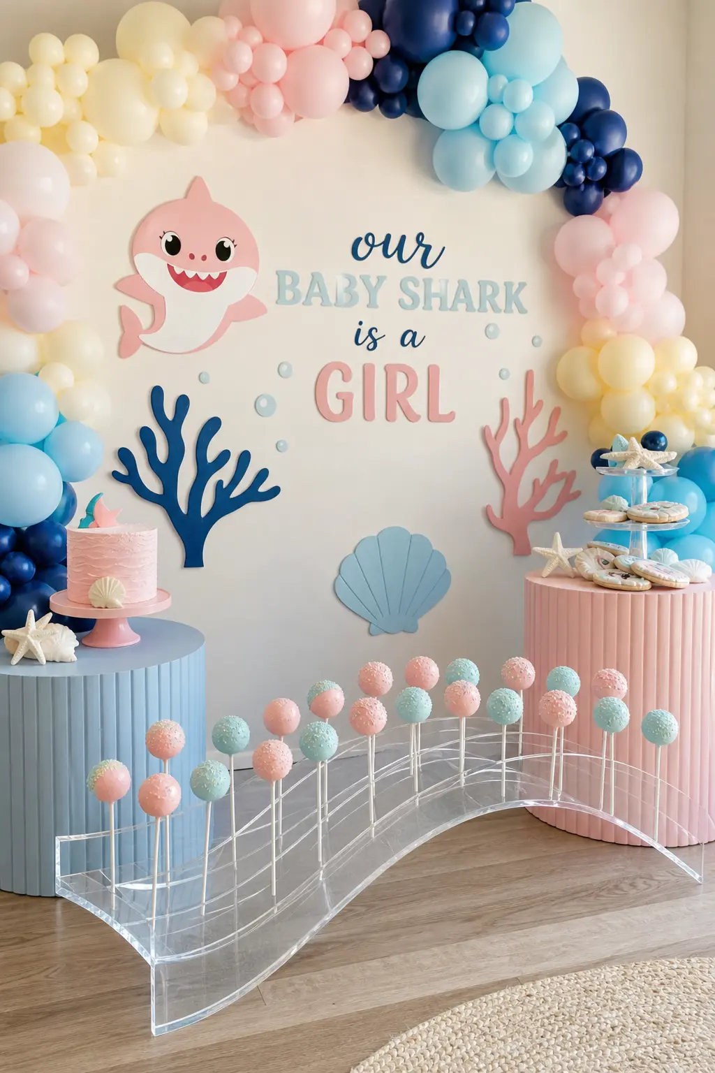 Wave Acrylic Cake Pop Stand — A clear acrylic stand cut in a gentle wave shape holds blush and aqua cake pops upright without a single foam block in sight.