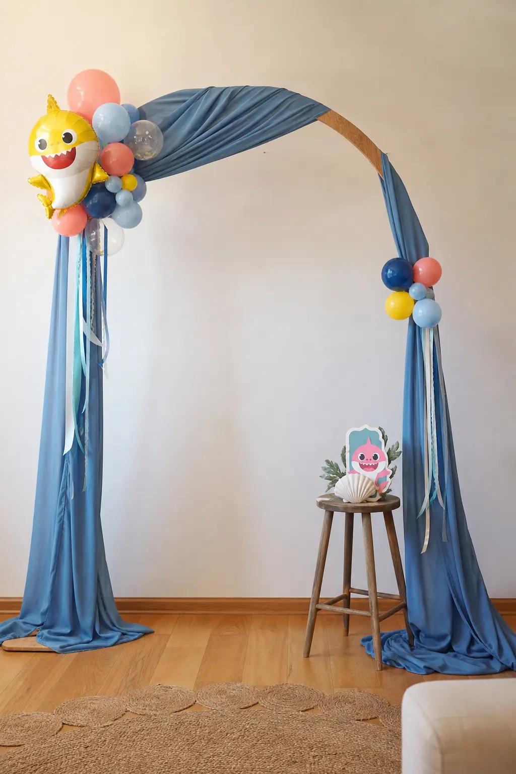 Wooden Arch Photo Frame — A plain wooden arch, draped with dusty blue fabric and a few trailing ribbons, gives a second photo spot that looks nothing like the