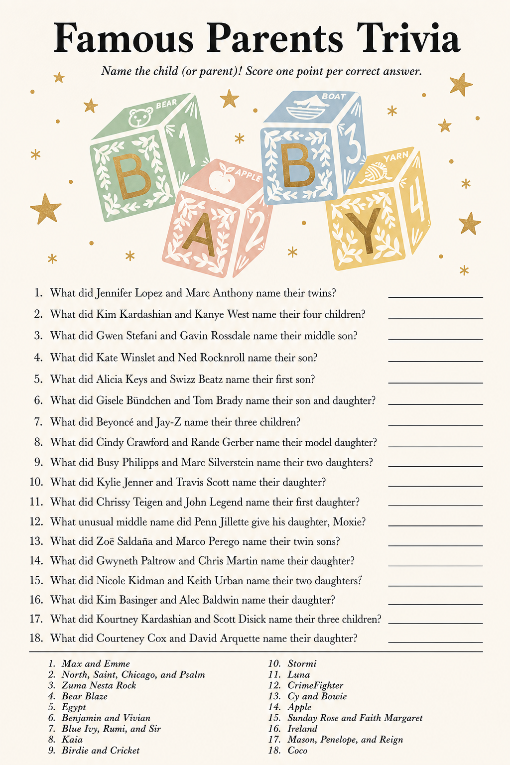 Famous Parents Trivia printable