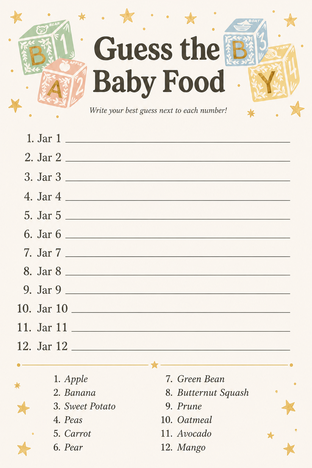Guess the Baby Food printable