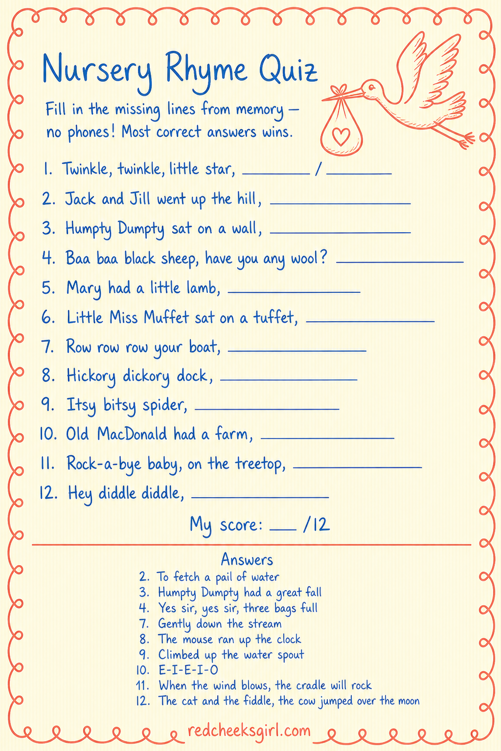 Nursery Rhyme Quiz printable