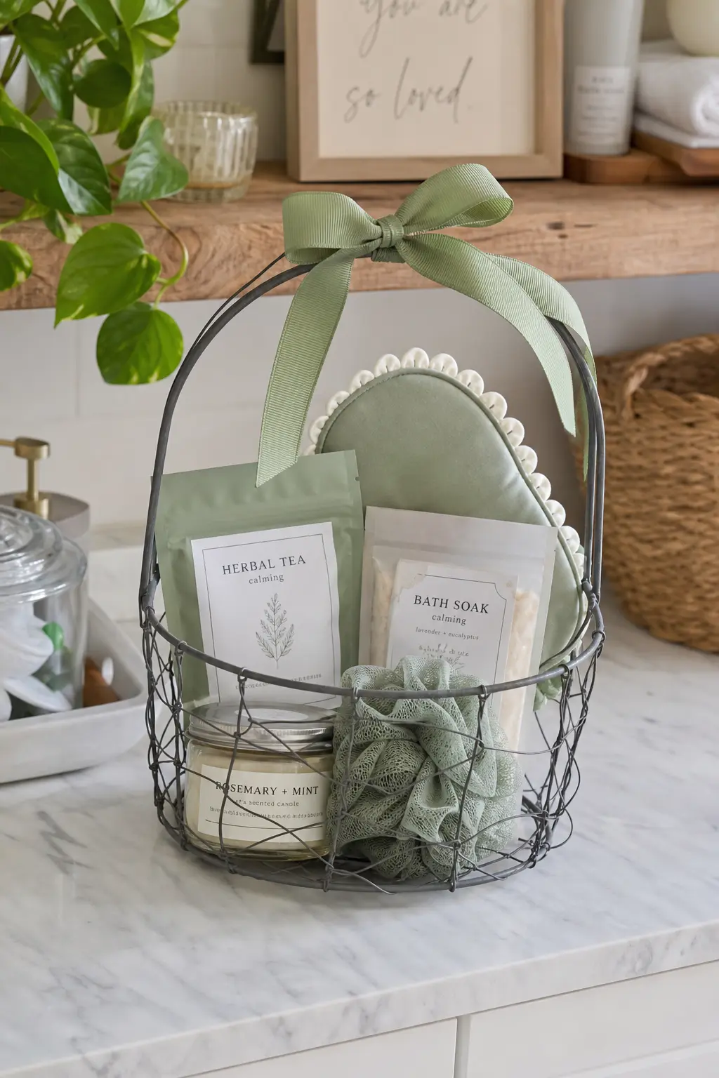 Build-Your-Own Spa Basket in a Wire Hamper — Rather than a matching candle and lotion set, this basket mixes a sage green eye mask, a bag of chamomile tea, a
