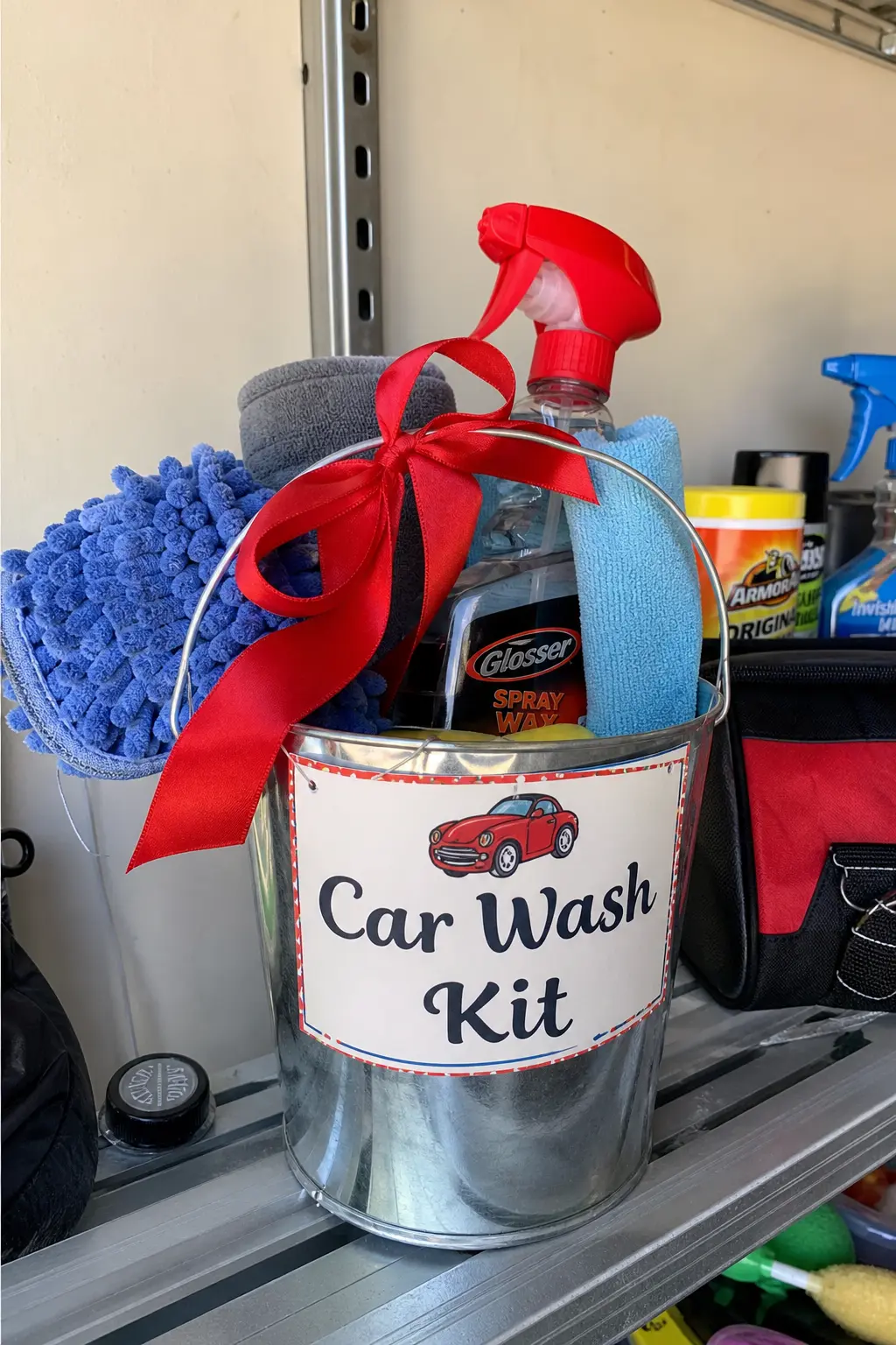 Car Wash Kit in a Galvanized Bucket — A small galvanized bucket holding microfiber cloths, a spray bottle of car wash solution and a couple of air fresheners