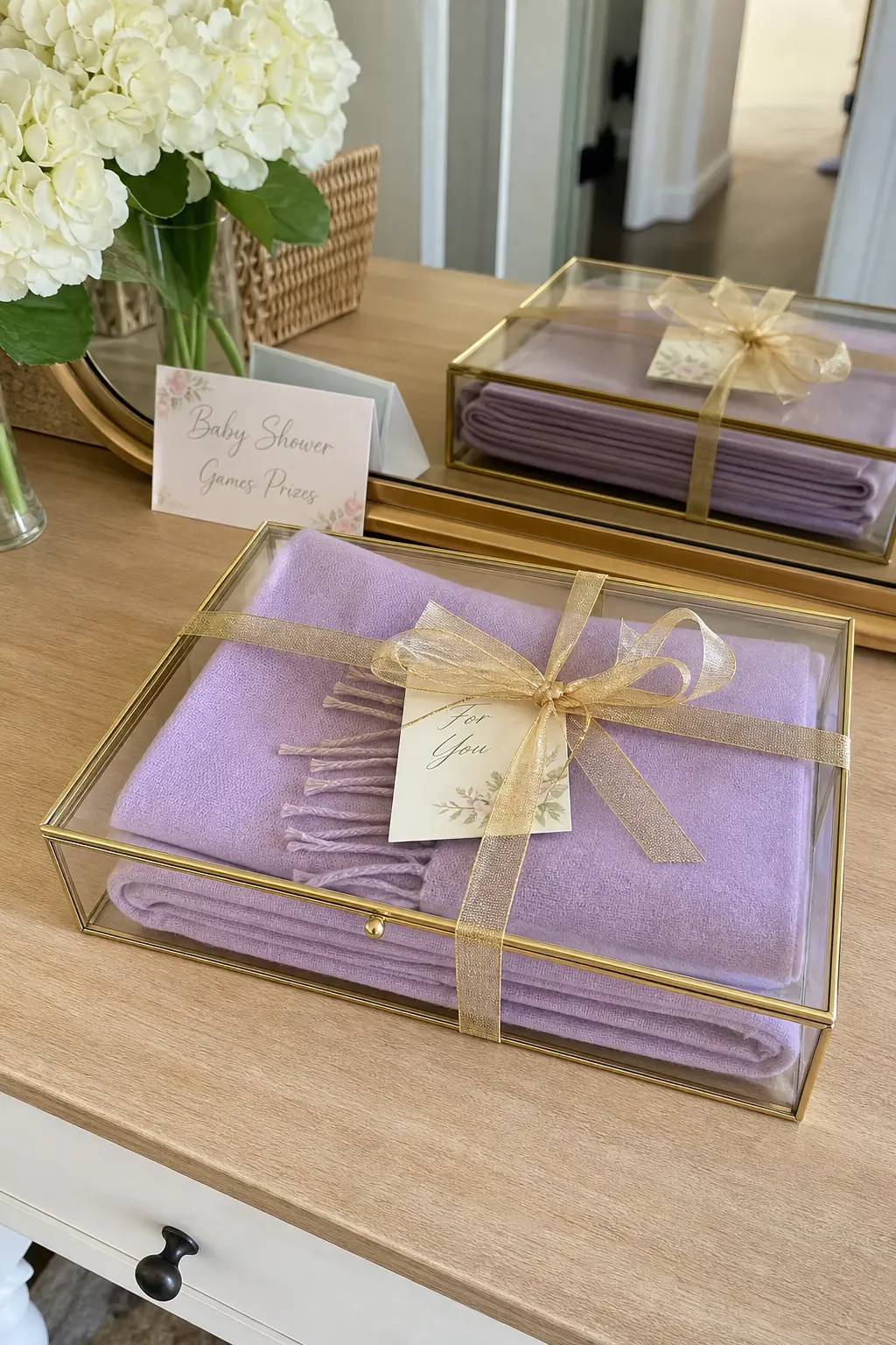 Cashmere-Blend Scarf in a Glass Keepsake Box — A lightweight cashmere-blend scarf in a soft lilac folds down small enough to fit a clear glass keepsake box