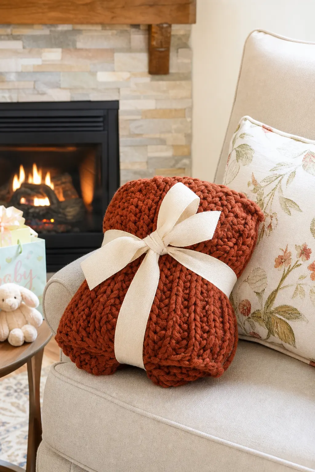 Chunky Knit Throw Tied with a Wide Ribbon — A chunky knit throw in rust orange is heavy enough to feel like a real prize and neutral enough to suit almost any