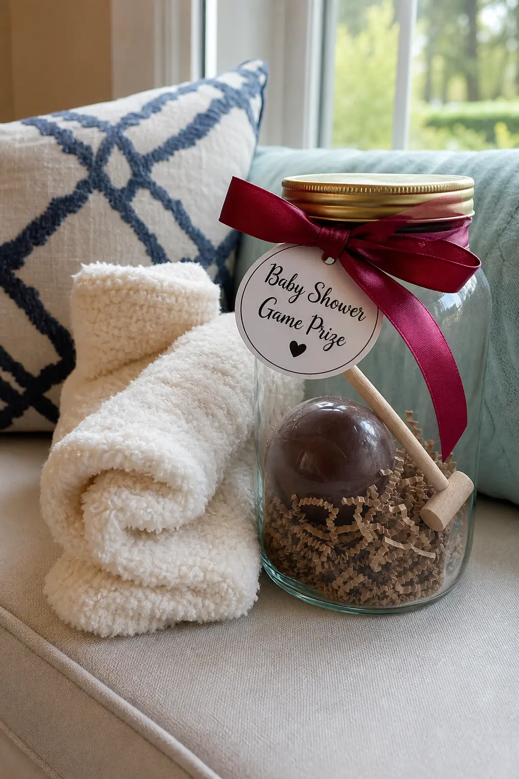 Fuzzy Socks and Cocoa Bomb in a Jar — A pair of fuzzy socks rolled up beside a hot cocoa bomb, both dropped into a small glass jar, makes a five dollar prize