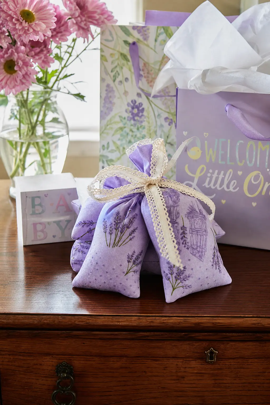 Lavender Drawer Sachets in a Ribboned Bundle — A small bundle of lavender sachets skips the default candle entirely while still delivering a scent gift, and it