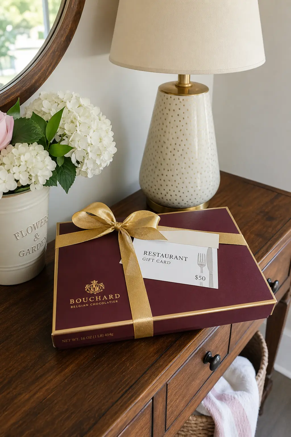 Restaurant Gift Card with a Box of Gourmet Chocolate — Pairing a restaurant gift card with a small box of gourmet chocolate covers both an immediate treat and