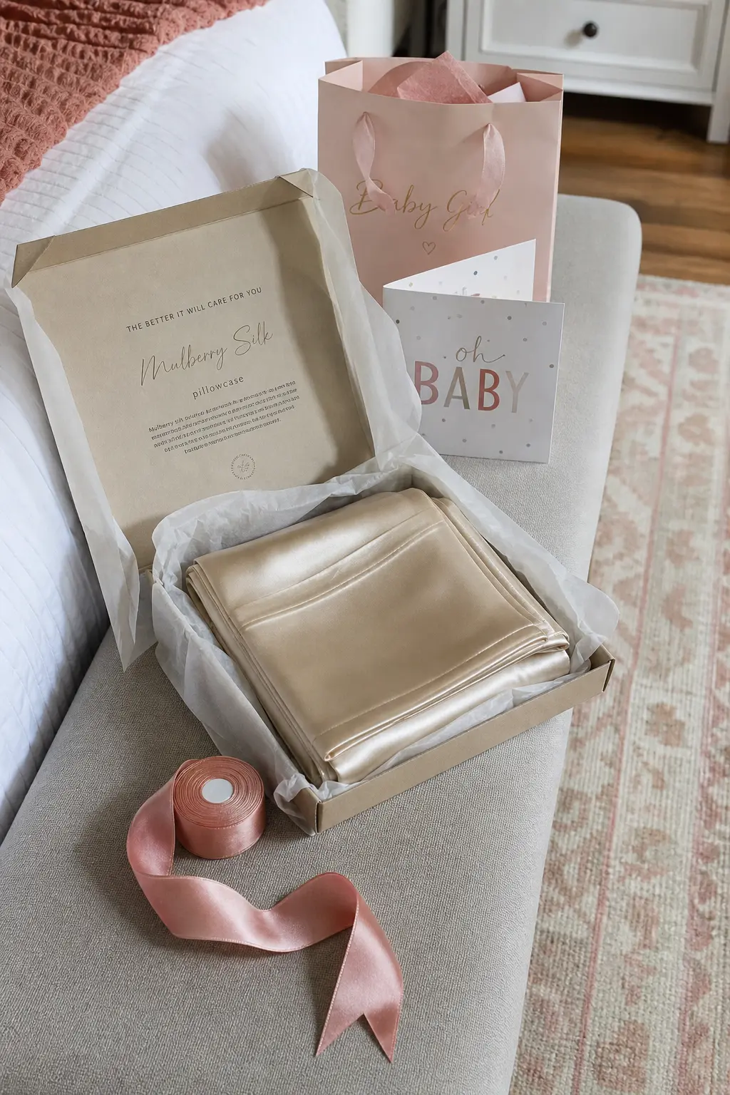 Silk-Blend Pillowcase in a Ribbon-Tied Box — A silk-blend pillowcase folds down small and flat, which makes it an easy fit for a modest gift box even though it