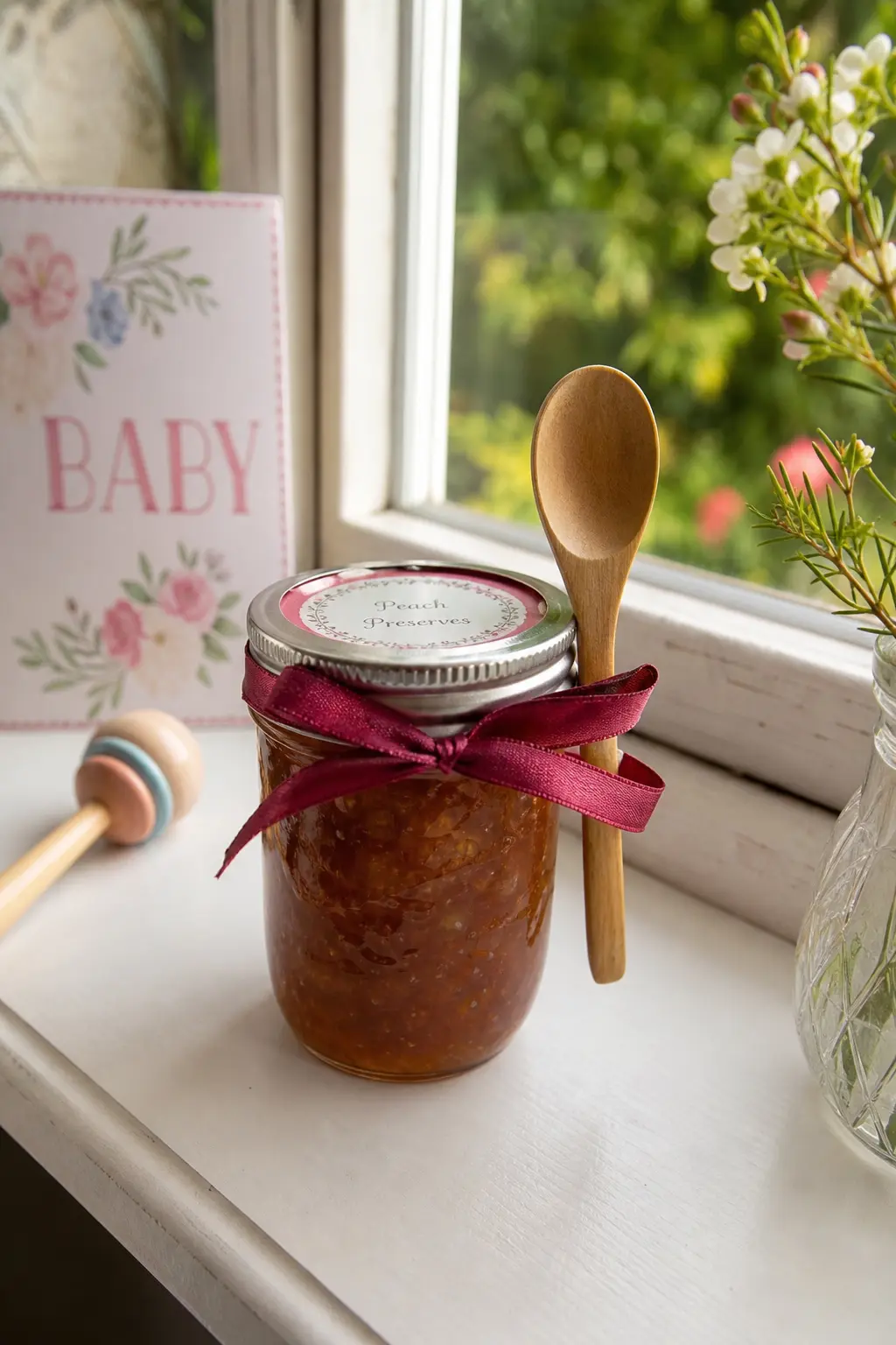 Small-Batch Fruit Preserves with a Wooden Spoon — A jar of good fruit preserves, the kind with visible fruit and a handwritten-style label, feels like a farm