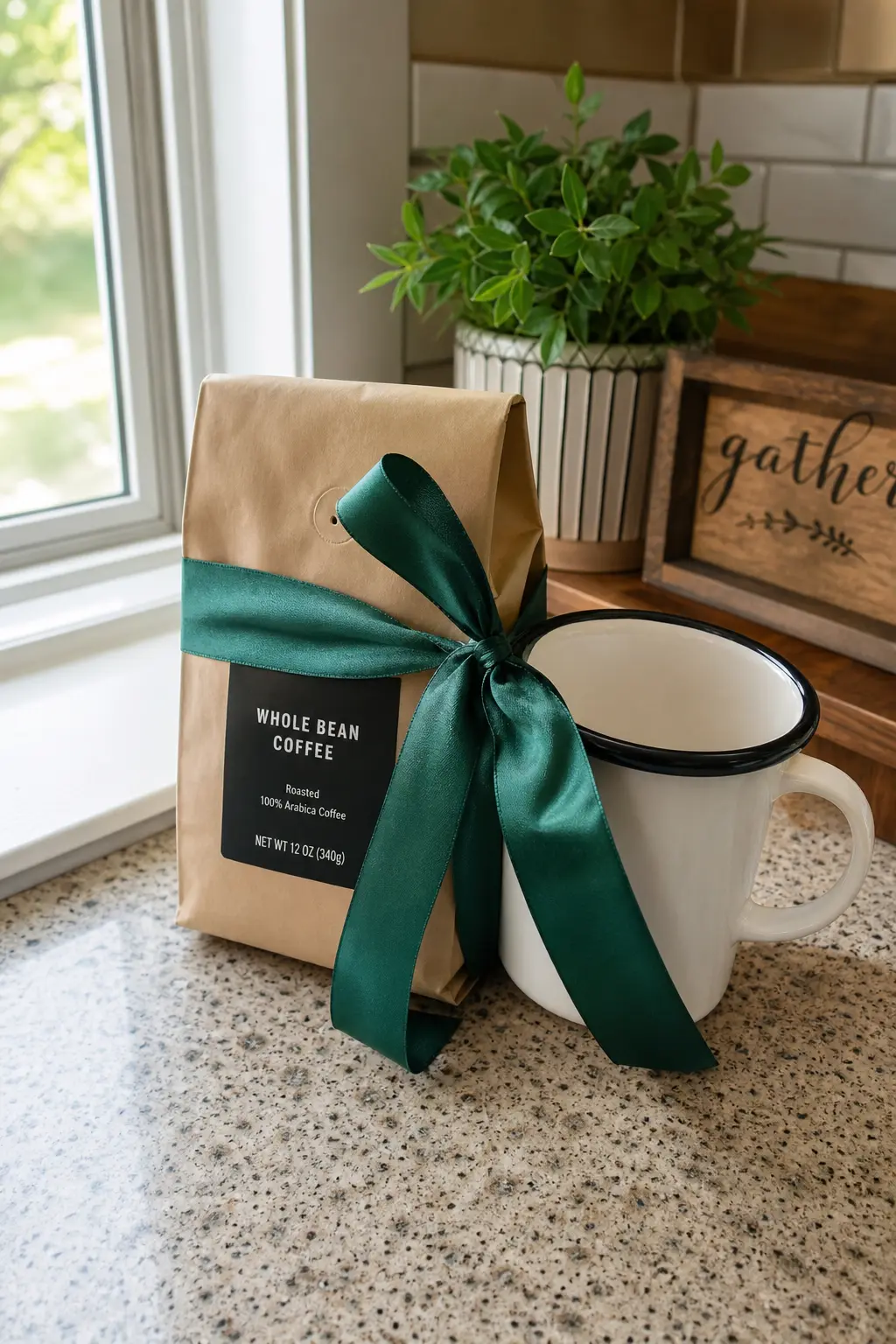 Whole Bean Coffee and Enamel Camp Mug — A bag of whole bean coffee paired with a sturdy enamel camp mug skips the delicate glassware entirely and gives a dad