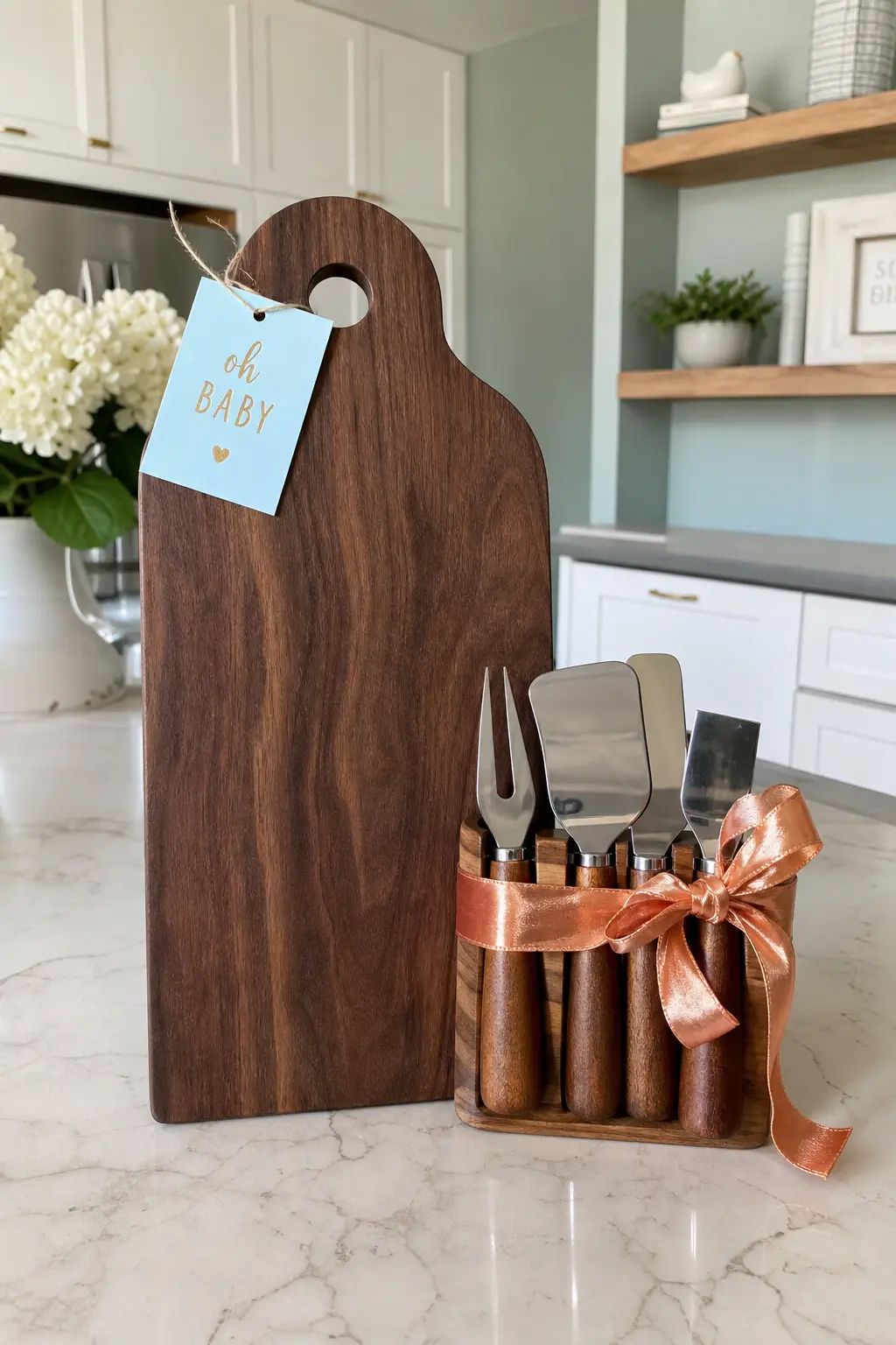 Wooden Charcuterie Board and Cheese Tools — A walnut charcuterie board with a small set of cheese tools tucked into a fabric loop on the back makes a genuinely