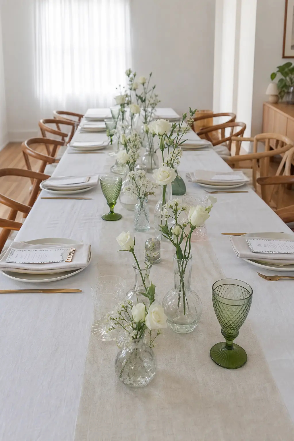 Bud Vases in a Chain Down the Table