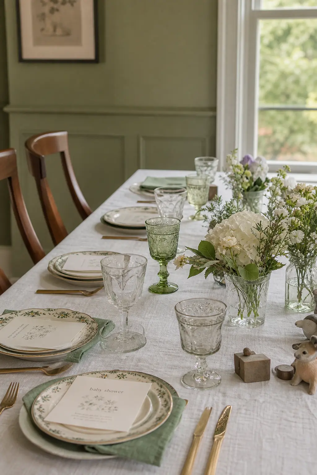 Mismatched Vintage Glassware Grouped at Every Other Setting