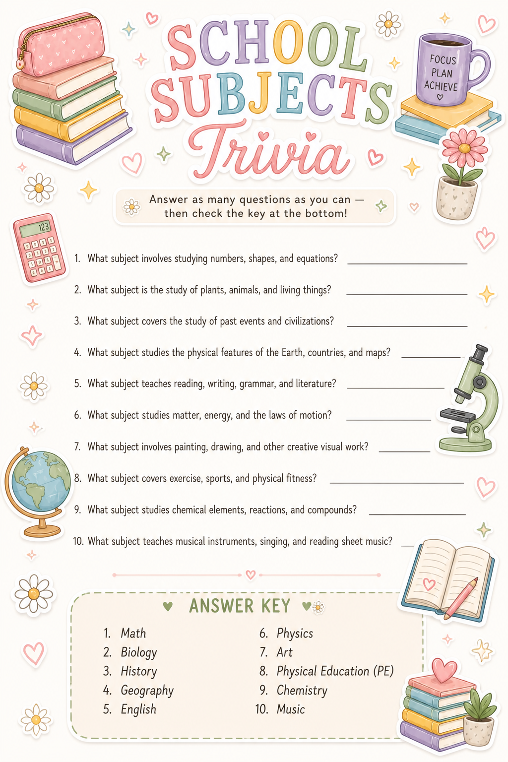 School Subjects Trivia printable