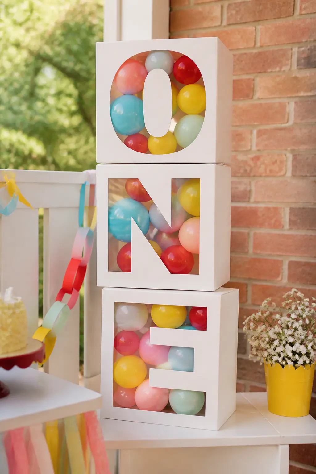 Balloon Letter Boxes O-N-E Display — Stack three clear acrylic or white cardboard boxes spelling O, N, E and fill each with small balloons in two or three