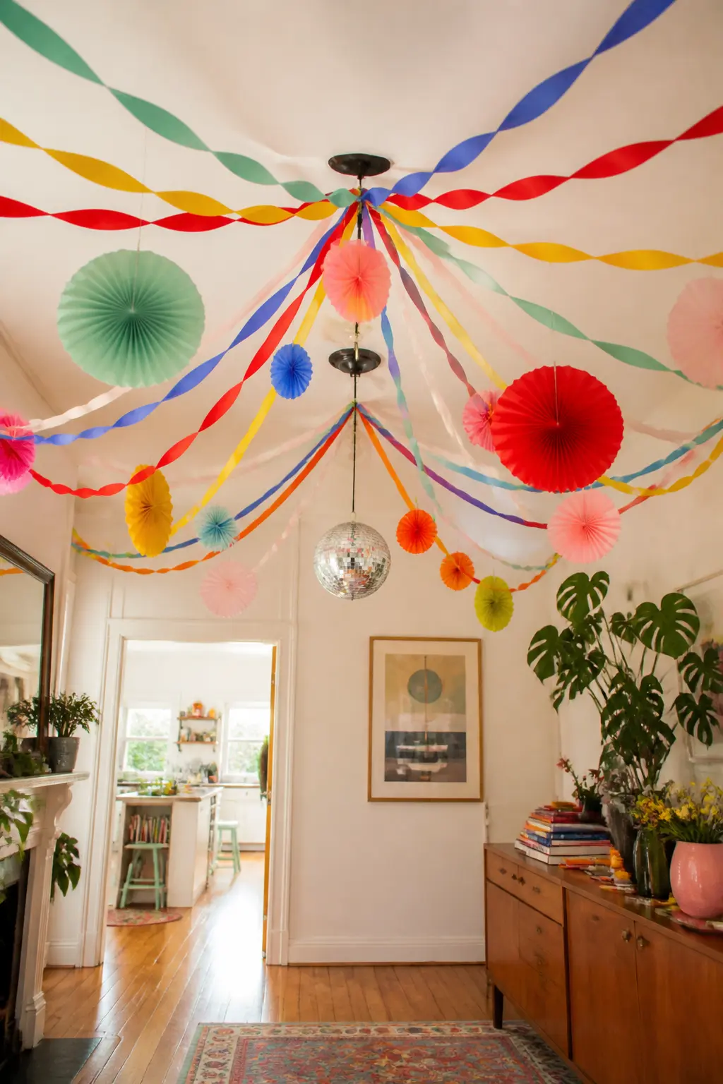 Ceiling Streamer Swag with Paper Fans — Twist lengths of crepe streamers and swag them from one side of the room to the other in wide arcs, fastening them to