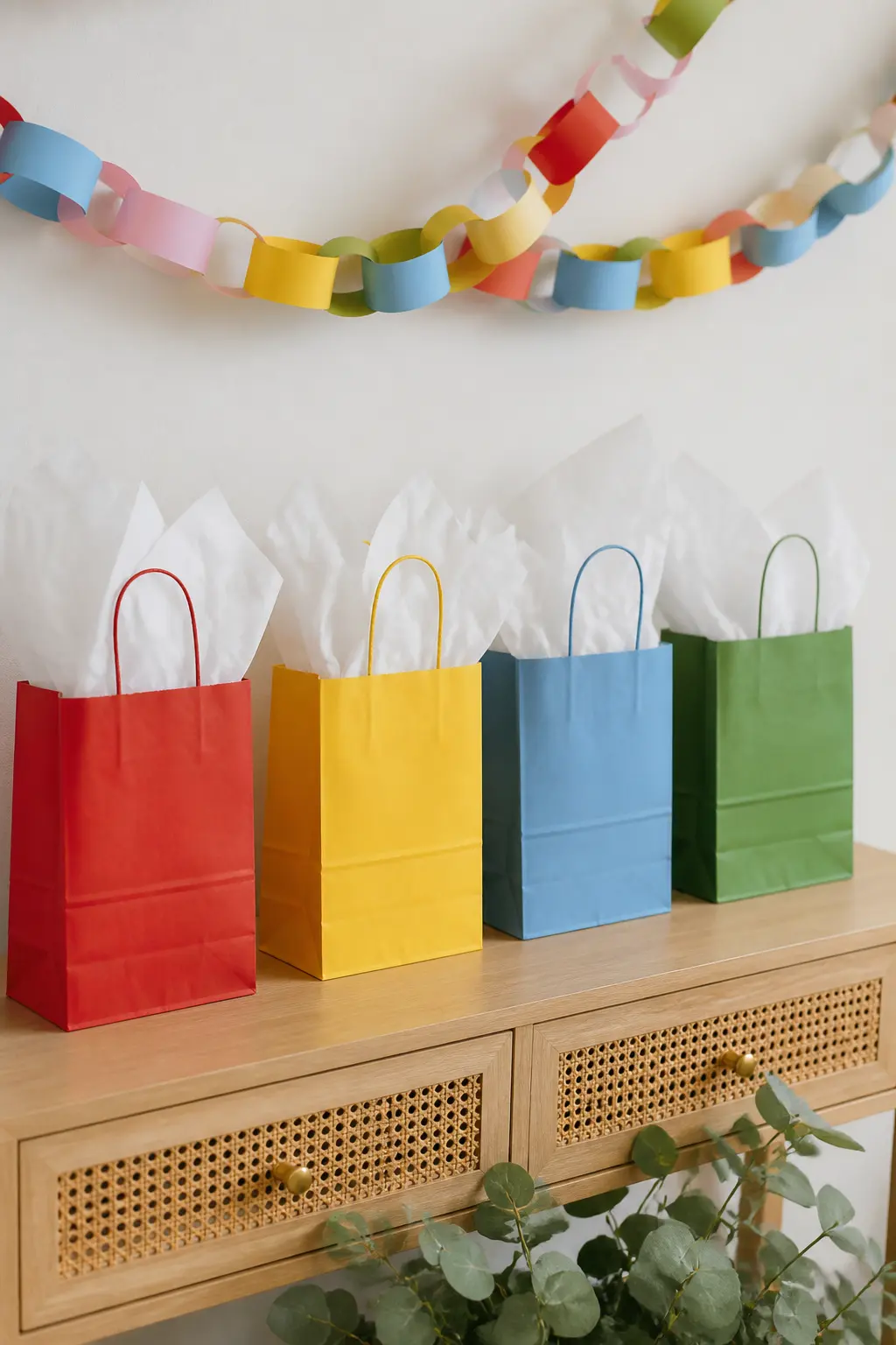 Colour-Blocked Favour Bags with Tissue Plumes — Use solid kraft paper bags in four colours: one red, one yellow, one blue, one green, distributed evenly among