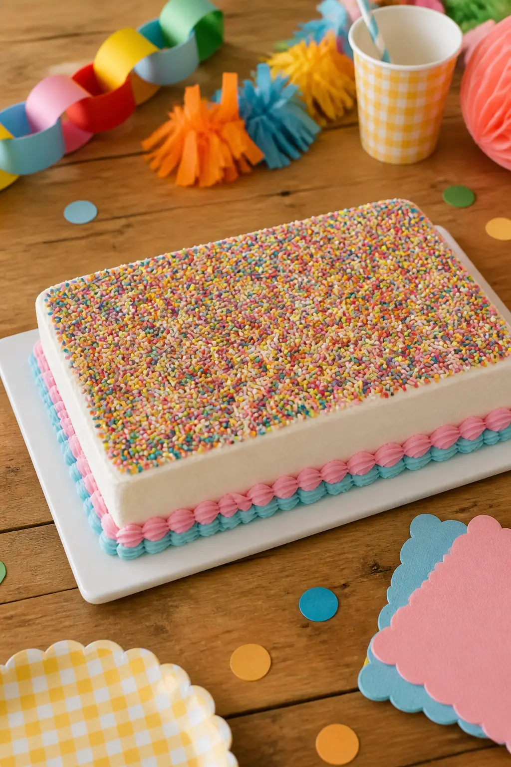 Confetti Sprinkle Sheet Cake for Guests — A quarter-sheet cake frosted in white and covered in rainbow jimmie sprinkles before the frosting sets, so the