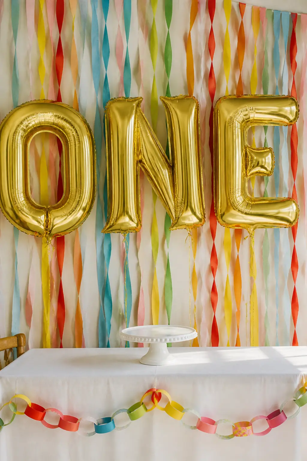 Foil Letter O-N-E Balloon Set — Float three large gold or rose-gold foil letter balloons spelling ONE behind the smash cake table, tethered to small weights so
