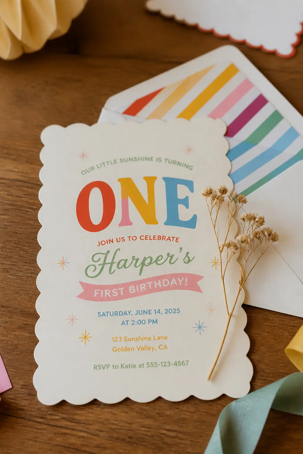 Invitation Suite in the Party Palette — A digital invitation printed at home on cream cardstock, using the same four or five colours that appear throughout the