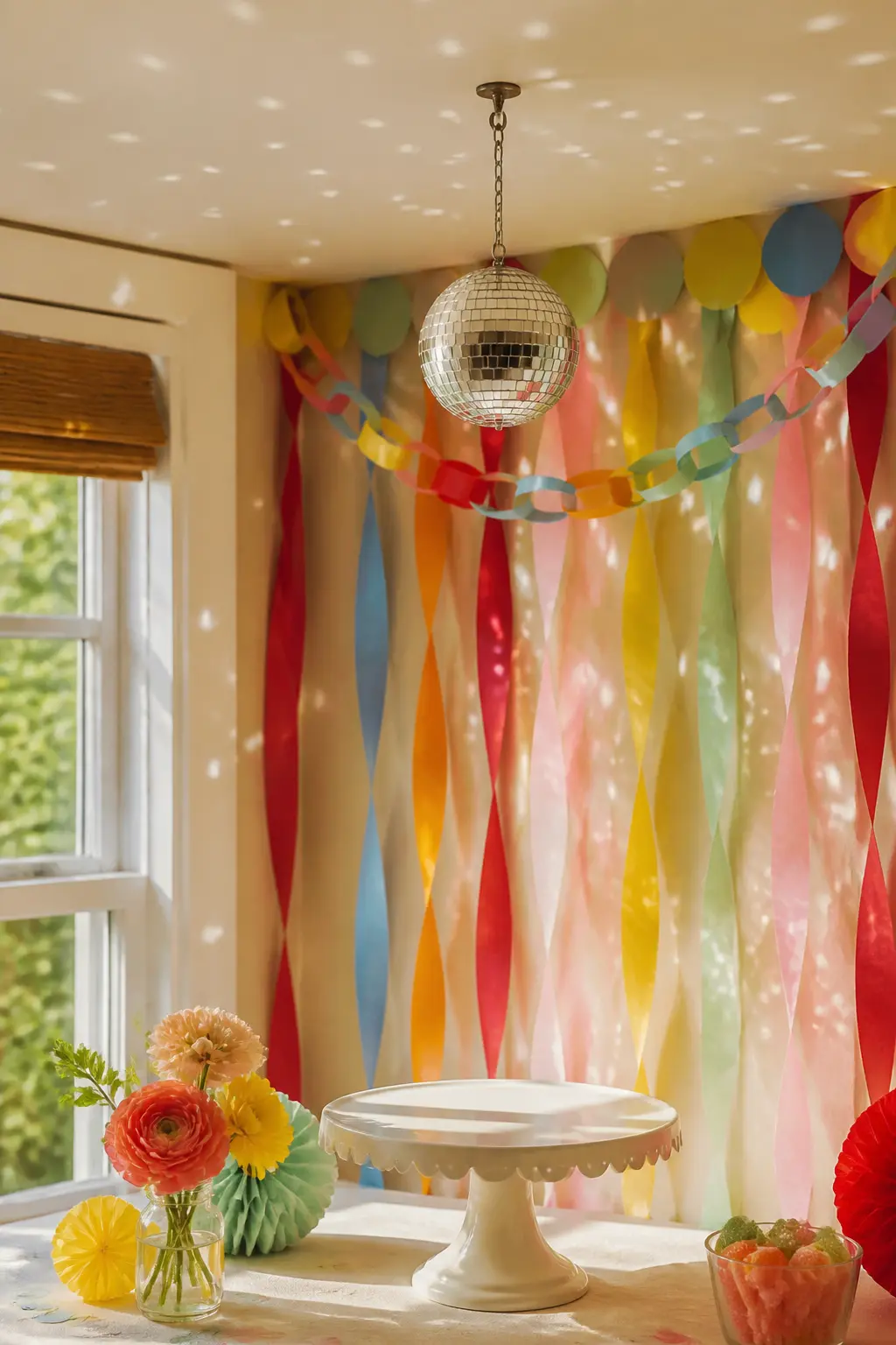 Mini Disco Ball Above the Cake Table — Hang a single 20 cm mirror disco ball directly above the cake table from a removable ceiling hook. Fun to be one