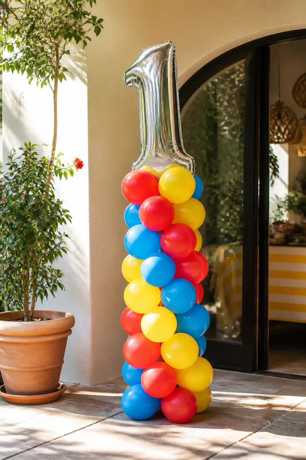 Oversized Number One Balloon Column — Build a freestanding column of balloons in the party palette and top it with a large foil number one. Fun to be one