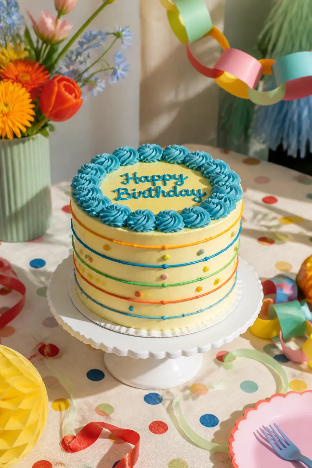 Rainbow Buttercream Stripe Smash Cake — A six-inch double-layer cake frosted in pale yellow or cream buttercream, decorated with horizontal piped stripes in