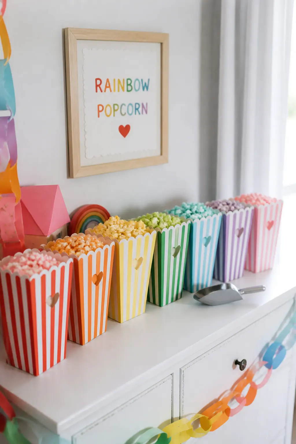 Rainbow Popcorn Box Station — Set out a row of printed popcorn boxes in the party colours on a side table and fill each one with plain or lightly salted