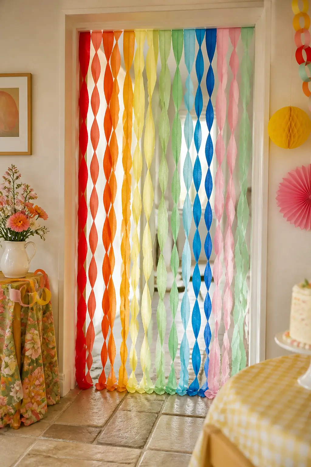 Rainbow Streamer Curtain Entrance — Hang lengths of crepe streamer from a tension rod or a length of ribbon stretched across a doorframe, grouping them in