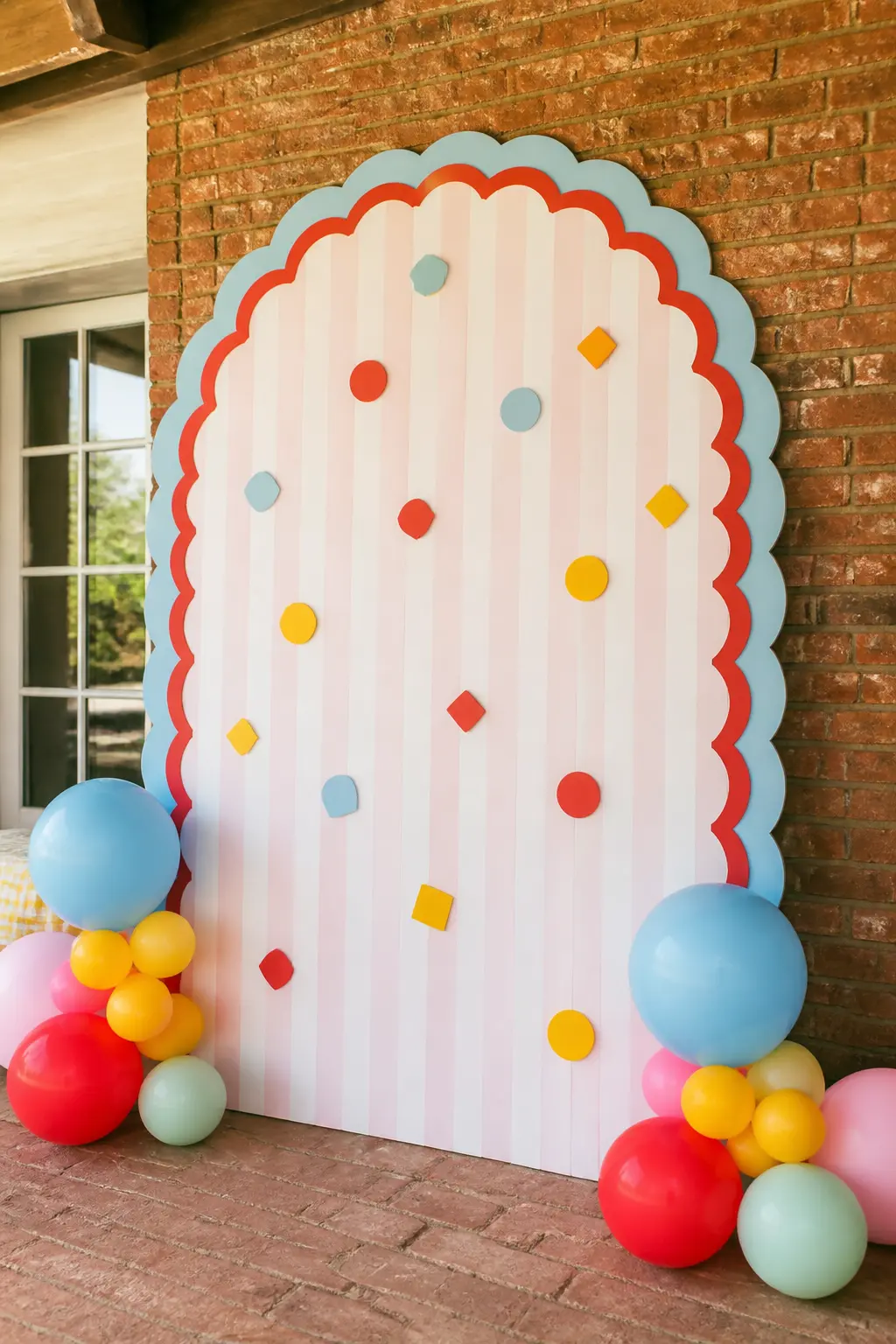Scallop-Edge Backdrop Panel — Cut a large arch panel from foam board or foamcore and finish the edges in a deep scallop, alternating two colours so every curve