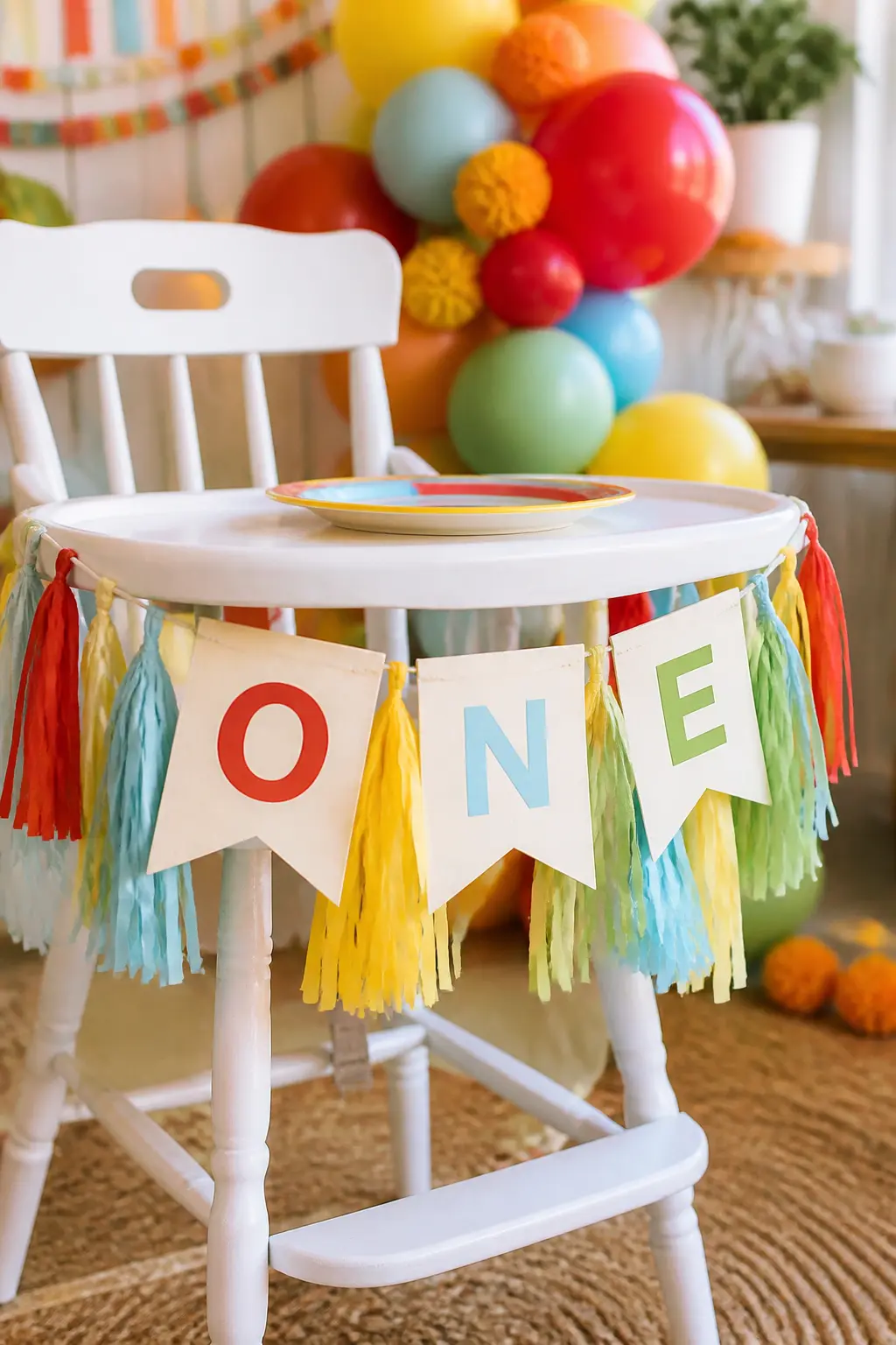 Tassel-Trim High Chair Banner — Cut a length of ribbon long enough to wrap across the front of the high chair tray and down both sides. Fun to be one colourful