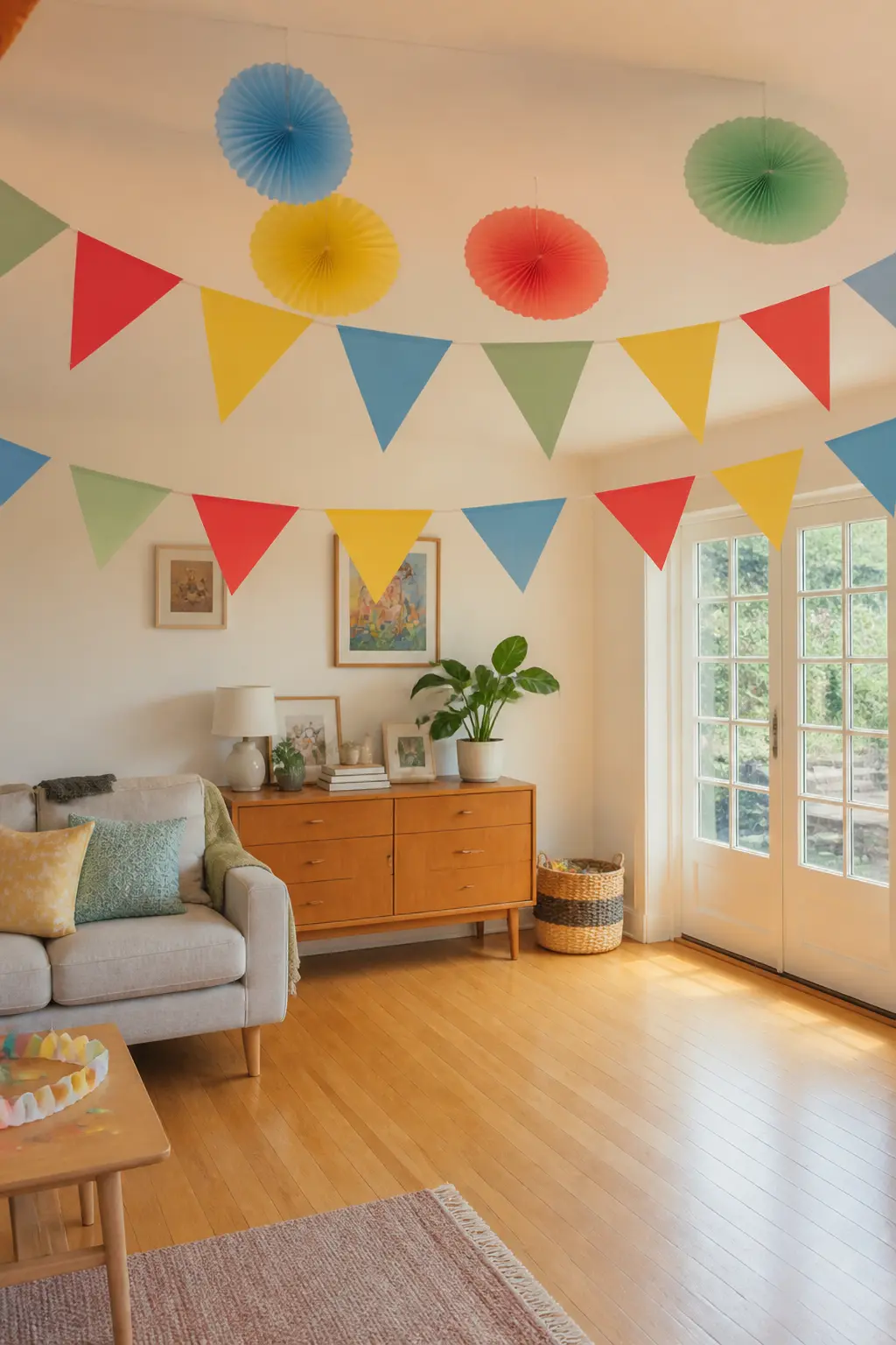 Triangle Flag Bunting Across the Room — String triangle flag bunting in solid primary colours across the full length of the room, from one wall to the