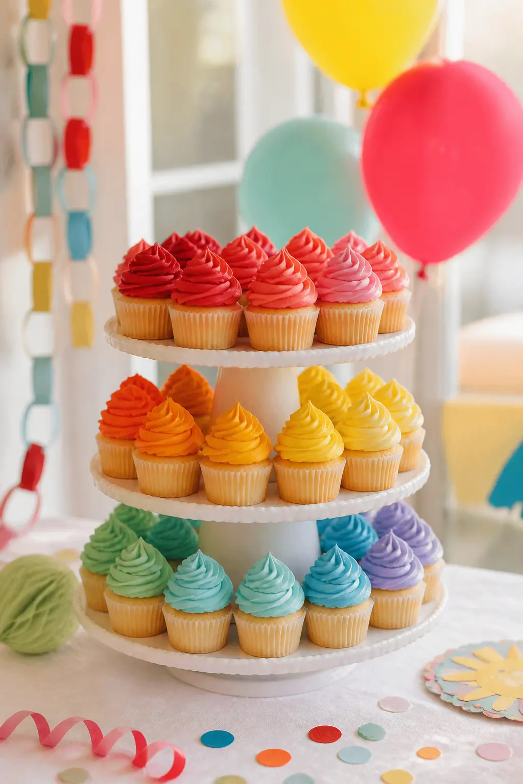 Vintage-Style Piped Cupcake Tower — Bake standard cupcakes and top each one with a tall swirl of coloured buttercream, one colour per cupcake so the tower