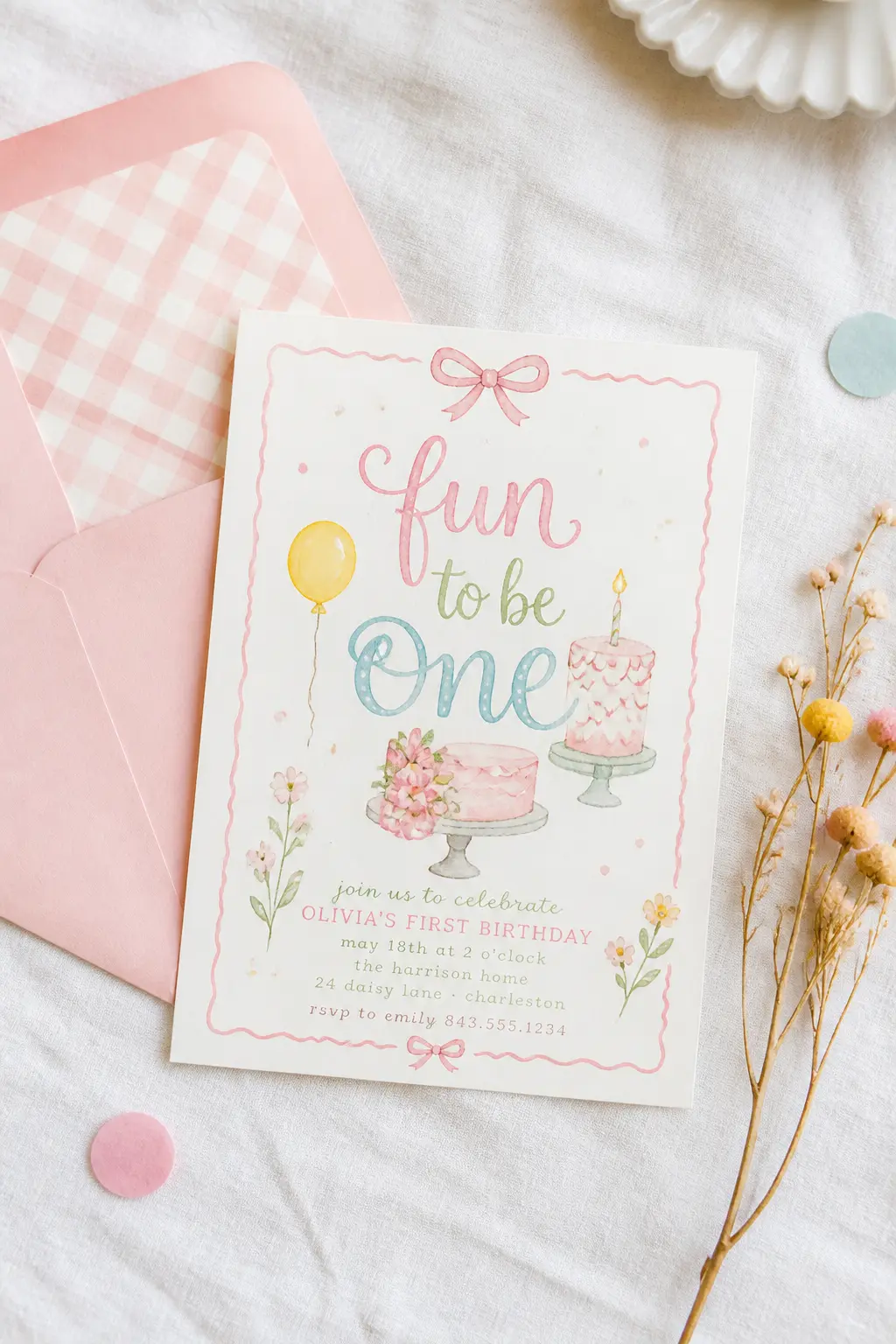 "Fun to Be One" Hand-Lettered Invitation — A digital invitation card in chalk-white with a hand-lettered "fun to be one" headline in a mix of pink and mint