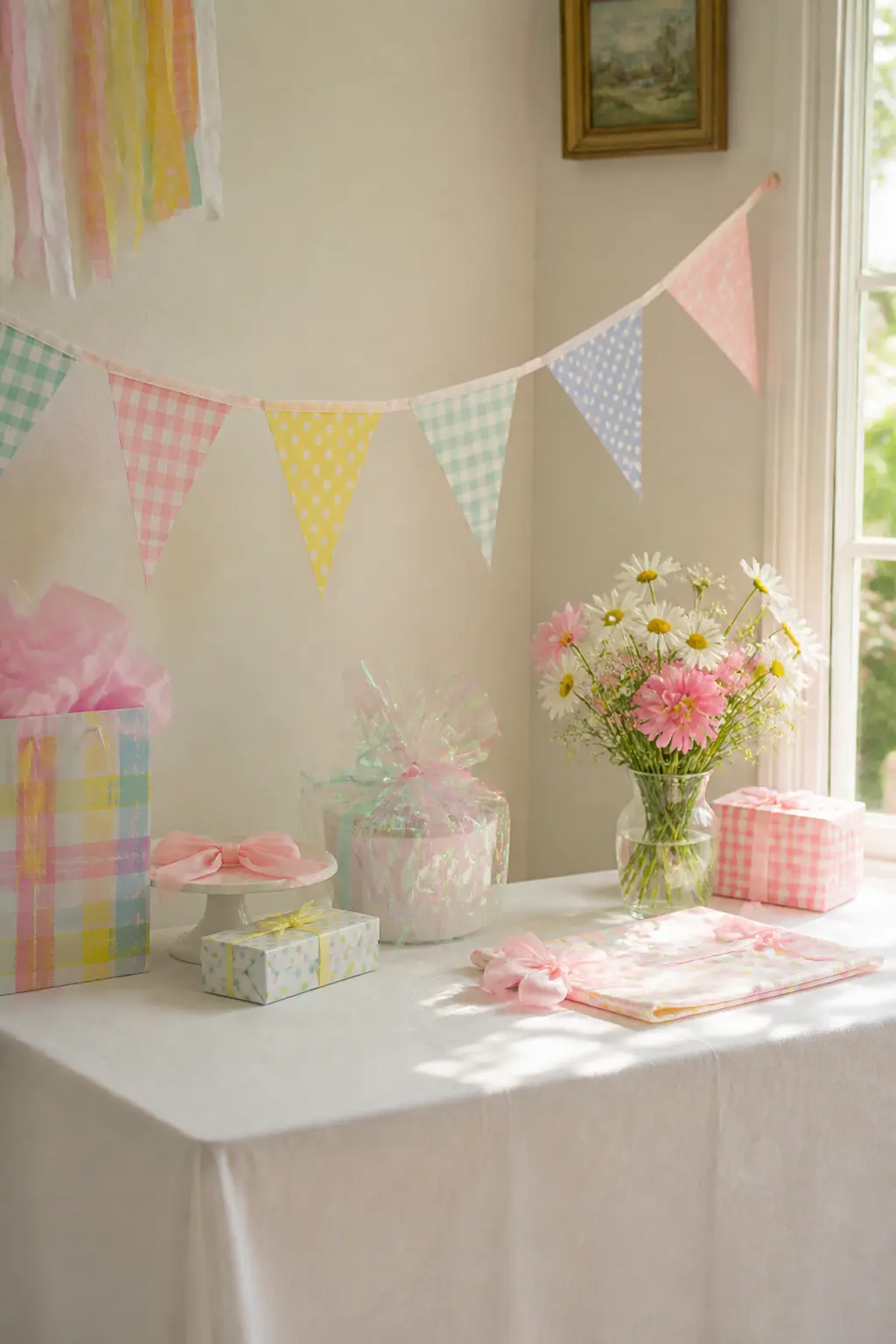 Cotton Bunting Banner — A banner of fabric pennants in gingham, polka dot and plain cotton, each triangle in a different pastel, strung on a length of cotton
