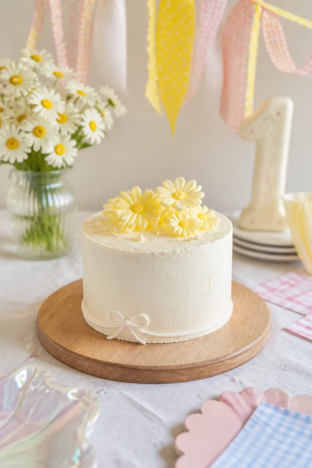 Daisy and Buttercream Smash Cake — A small four-inch round cake in vanilla buttercream, decorated only with a cluster of sugar daisies pressed into the top and