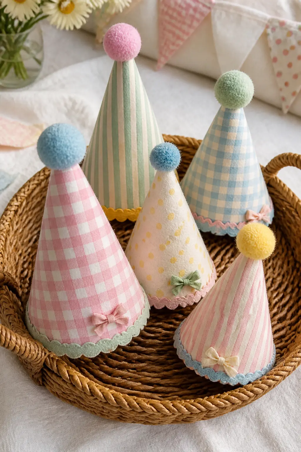 Felt Party Hat Collection — A set of five or six fabric-covered party hats, each one in a different pastel pattern, displayed in a low wicker basket at the