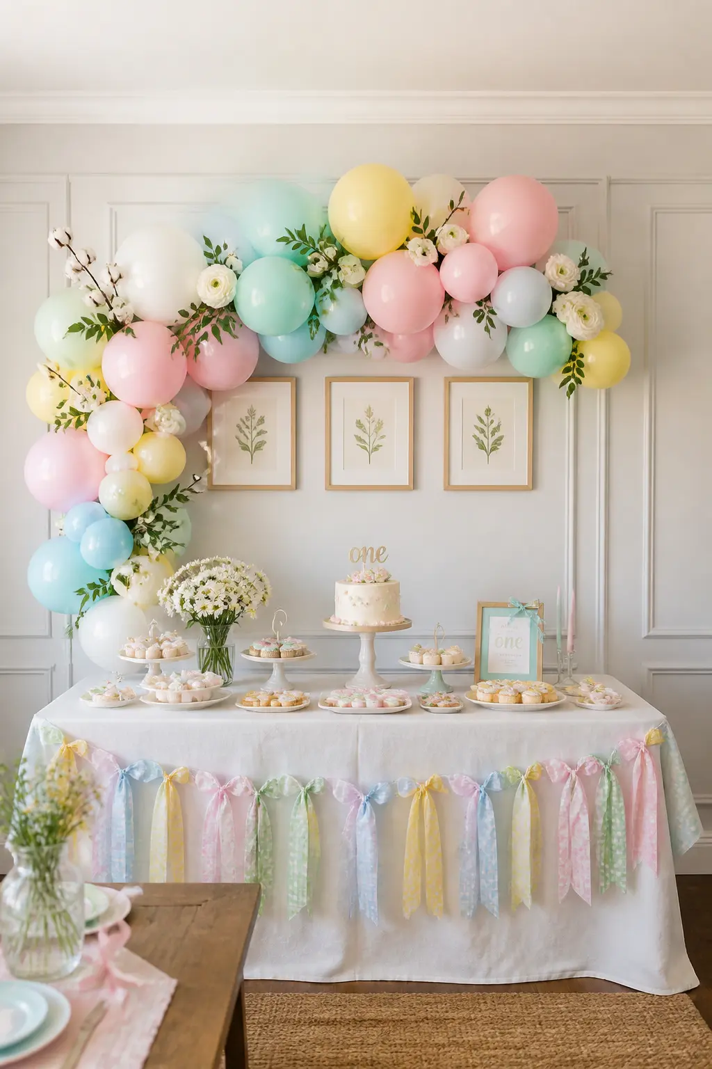 Floral Balloon Garland with Greenery — A balloon garland that incorporates fresh or dried floral clusters, white ranunculus, dried cotton stems and small