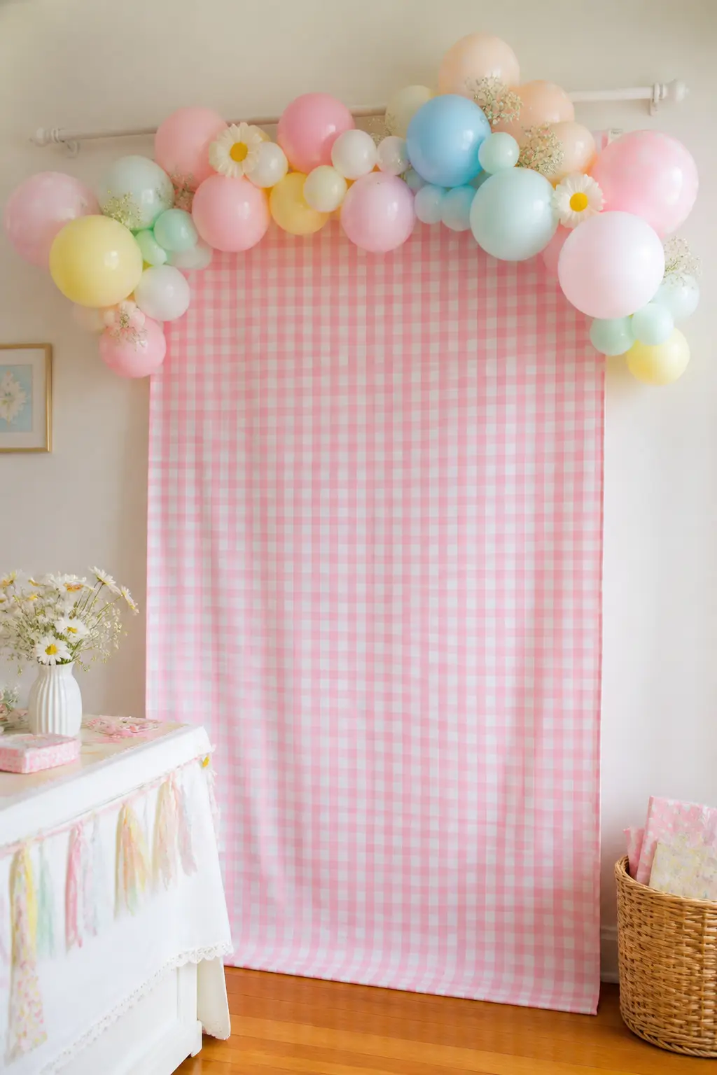 Gingham Backdrop Panel — A full-length panel of pink gingham fabric, hung from a curtain rod or a tension rod in a doorframe, gives the cake table a backdrop