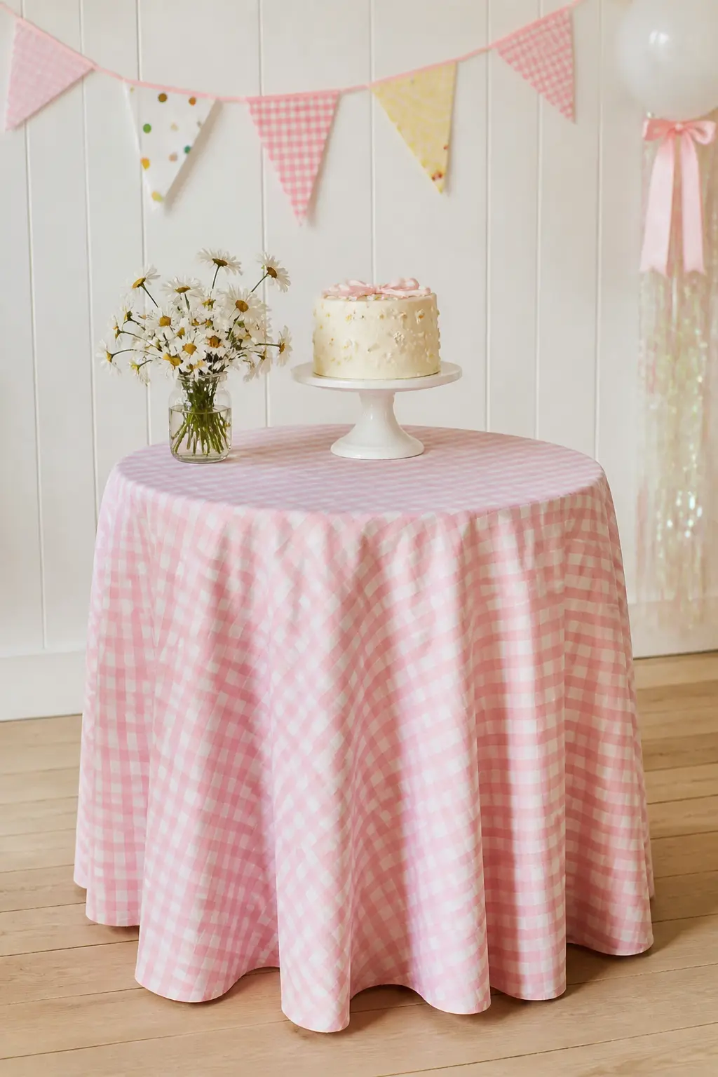 Gingham-Draped Cake Table — Drape the cake table in a full-length pink gingham cloth that pools slightly on the floor. Fun to be one girl first birthday party