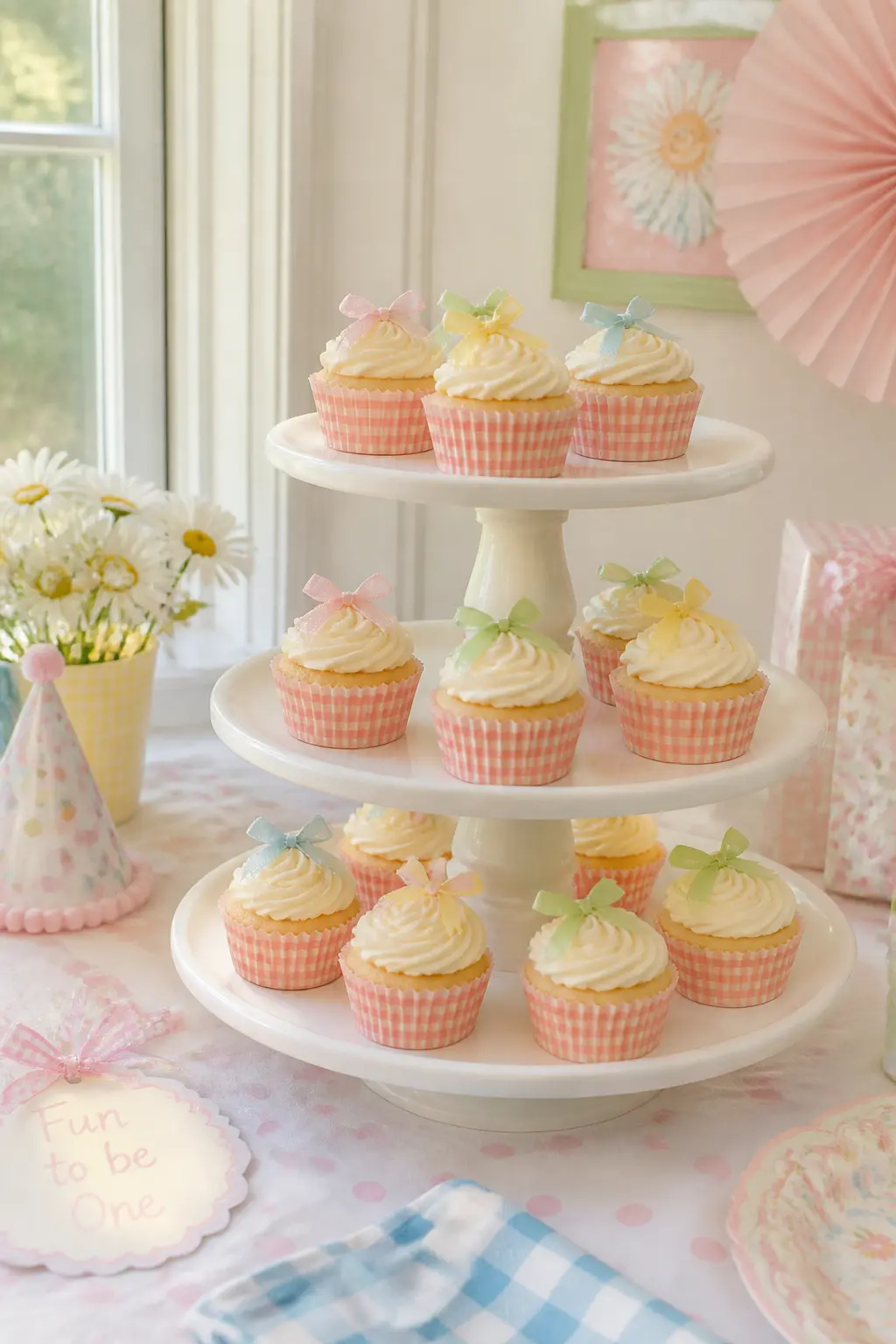 Gingham-Lined Cupcake Tower — Vanilla cupcakes in gingham paper liners, topped with a swirl of white buttercream and a single pastel sprinkle mix, arranged on