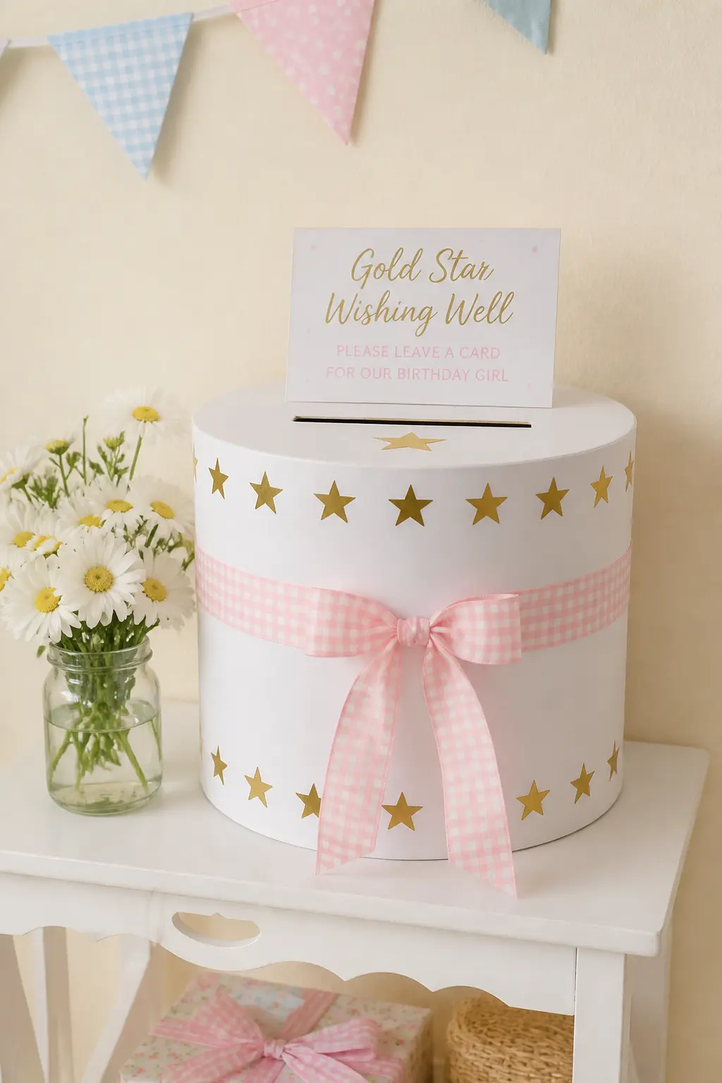 Gold Star Wishing-Well Card Box — A wishing-well card box, covered in white card stock and trimmed with gold star stickers and a gingham ribbon band, placed