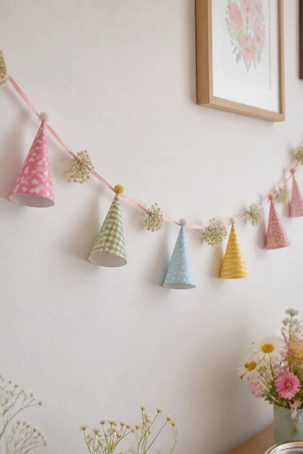Party Hat Pennant Banner — A garland of small printed party-hat pennants, each one a different fabric pattern (polka dot, gingham, stripe, floral), hung above