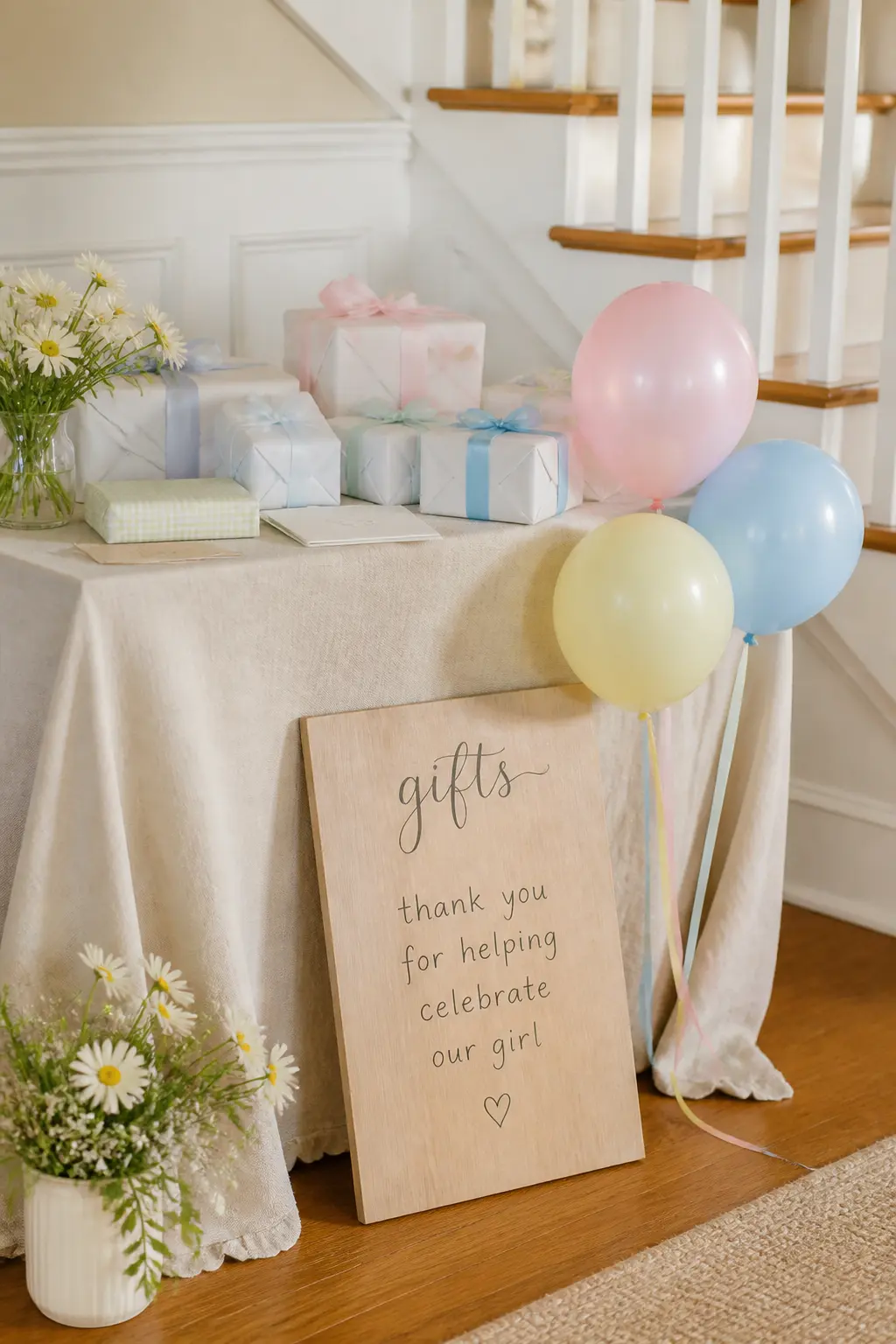 Linen Gift Table with Signage — A side table covered in a natural linen cloth, with a small handwritten sign on a wooden clip reading "gifts for the birthday