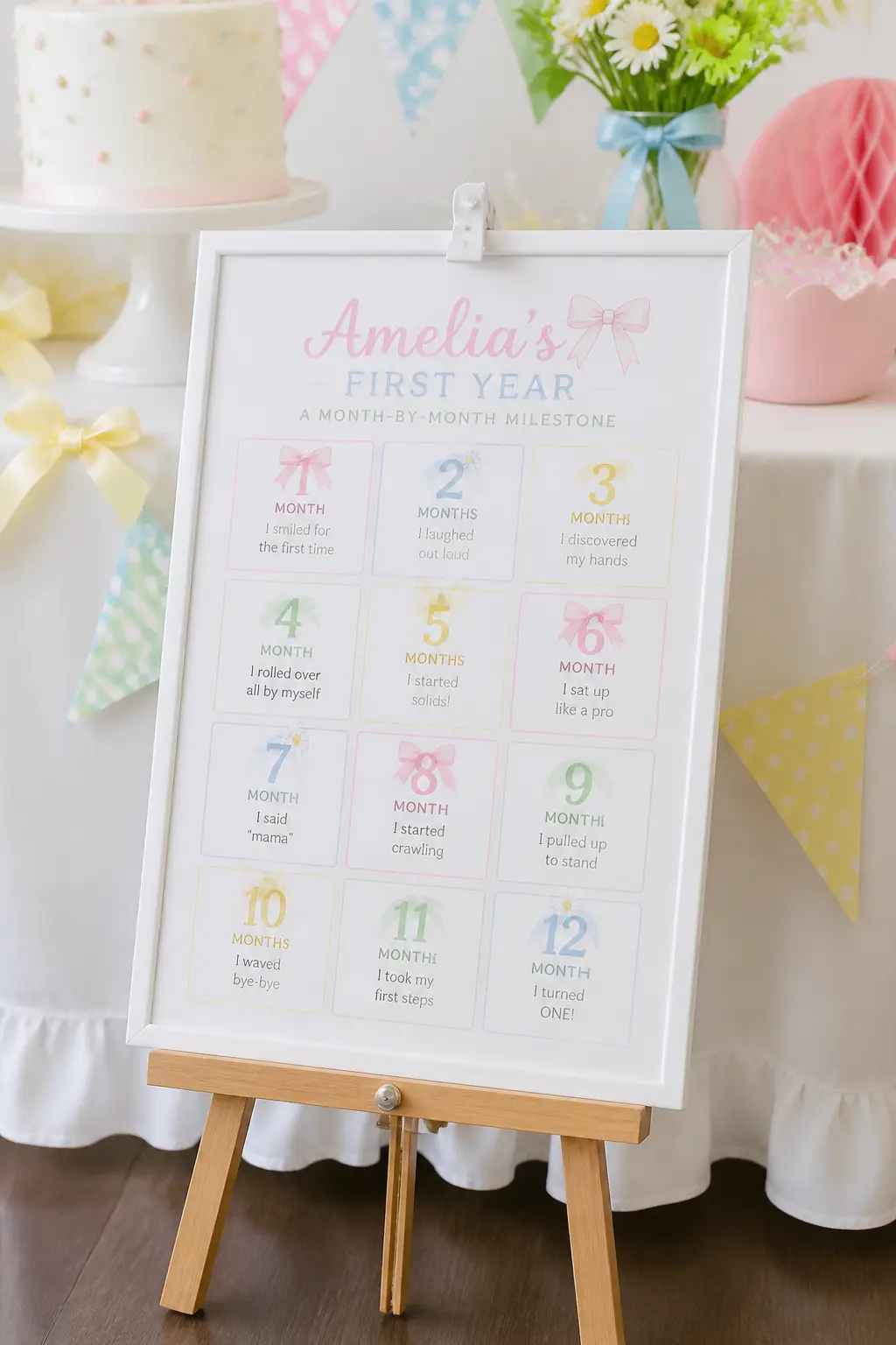 Month-by-Month Milestone Sign — A single A3 sign printed with twelve small squares, one per month, each containing the baby's age and one milestone note typed